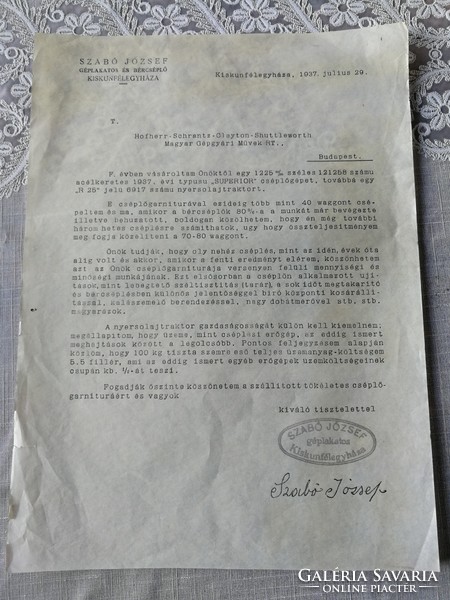 HOFHERR - SCHRANTZ - CLAYTON - SHUTTLEWORTH LEVÉL  R.T. KISKUNFÉLEGYHÁZA  1937 SZABÓ JÓZSEF