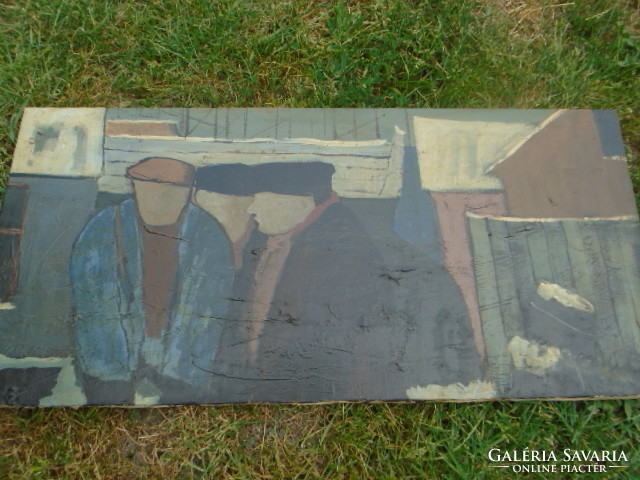 GAÁL FERENC: beszélgetés jelenet (olaj-vászon 75,5 x 35,5  cm életkép, árusok, emberek,