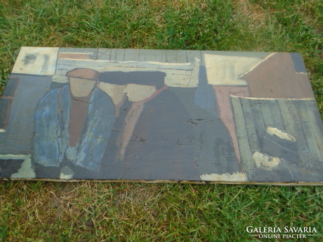 GAÁL FERENC: beszélgetés jelenet (olaj-vászon 75,5 x 35,5  cm életkép, árusok, emberek,