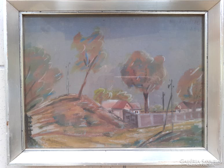 Autumn landscape with row of houses (oil painting in frame 32x25 cm) signed