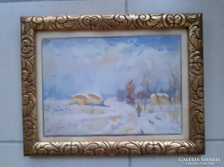 Téli táj - ismeretlen akvarell szép keretben
