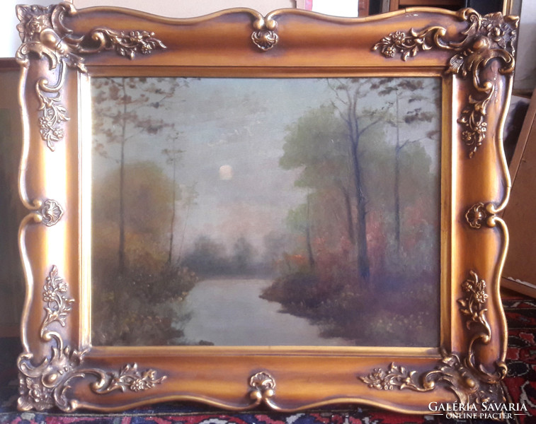Intimate evening landscape, waterside in the shining moonlight of a river (oil painting in a frame).