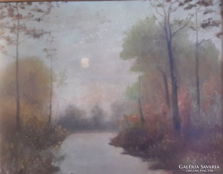 Intimate evening landscape, waterside in the shining moonlight of a river (oil painting in a frame).