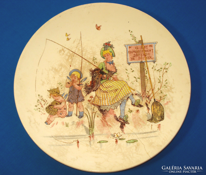 Antik, francia Sarreguemines fajansz tányér "HORGÁSZNI TILOS!" (1800-as évek vége)