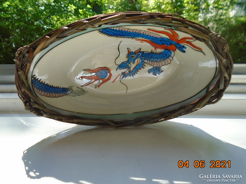 Imari hand-painted Japanese dragon with fireball, oval bamboo braided bowl