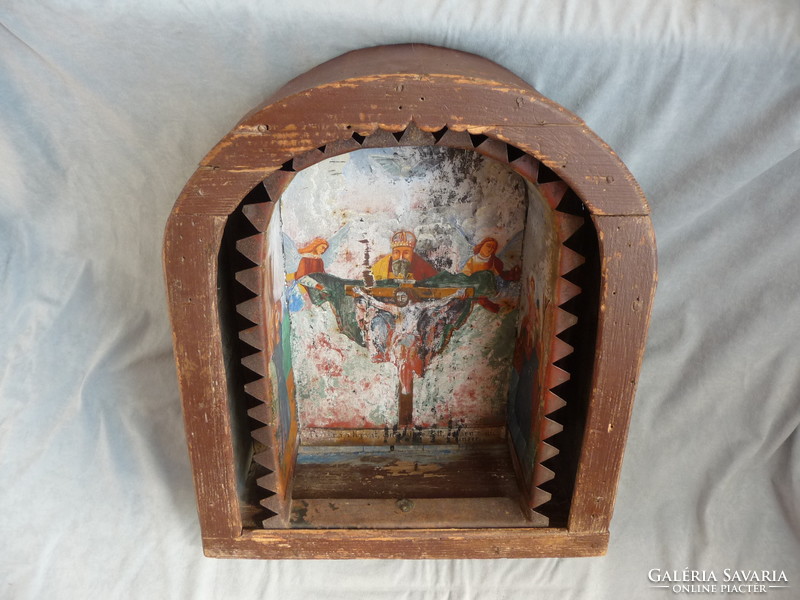 Antique Religious Religion Road Shrine Plate in Wooden Holder St. Sebastian St. Christopher 19th century