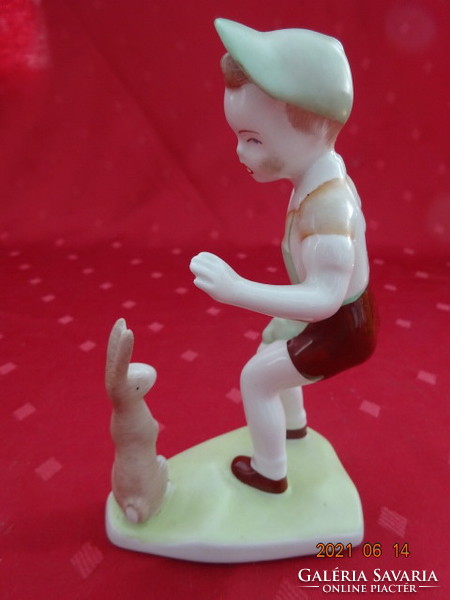 Aquincum porcelain figural statue, little boy with a bunny, height 14 cm. He has!