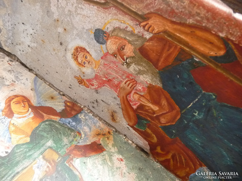Antik vallásos kegytárgy országúti kegyhely lemezkép fa tartóban szent Sebestyén szent Kristóf 19.sz