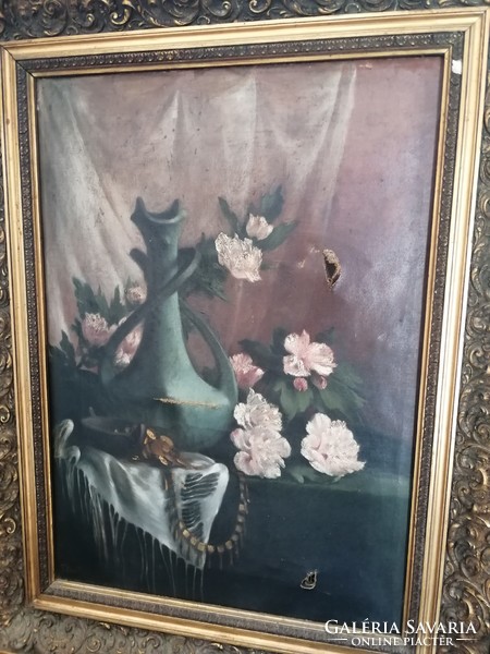 Antik biedermeier virágcsendélet eredeti jelzett alkotás gyönyörű keretben