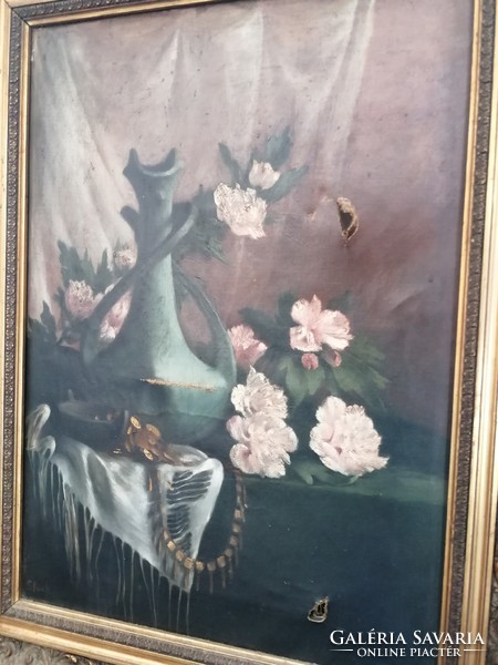 Antik biedermeier virágcsendélet eredeti jelzett alkotás gyönyörű keretben