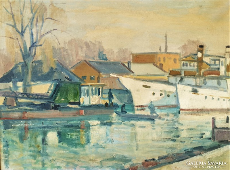 Halász Szabó Sándor (1920 - 1996) Hajók a kikötőben c. olajfestménye 96x76cm EREDETI GARANCIÁVAL