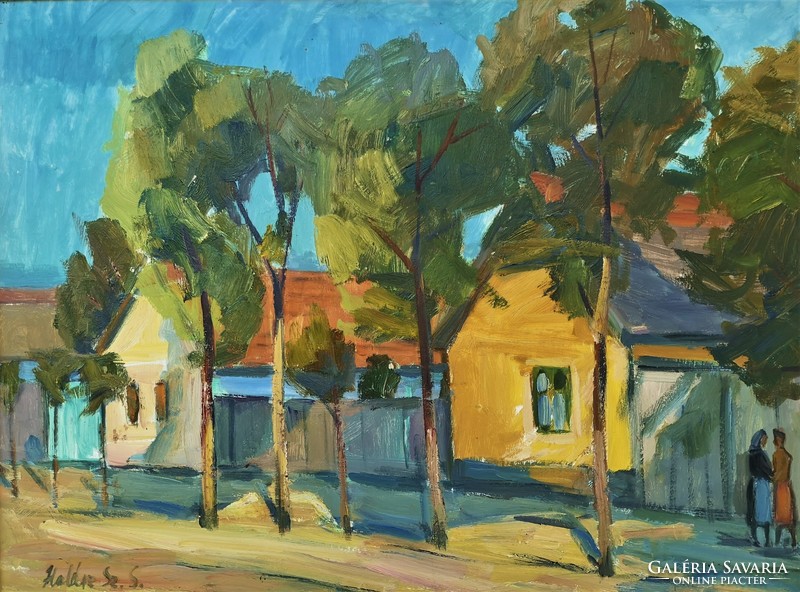 Fisherman Sándor Szabó (1920 - 1996) in front of the house c. Oil painting 96x76cm with original guarantee