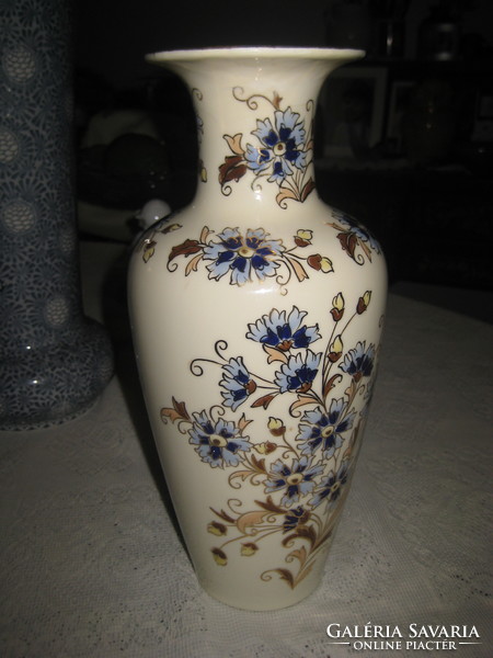 Zsolnay hand-painted vase with cornflower decor, nearly 30 cm