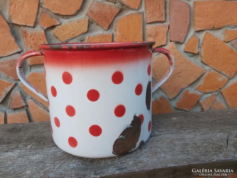 Rare red polka dot budafok pot with enamel bowl, nostalgia piece, peasant decoration