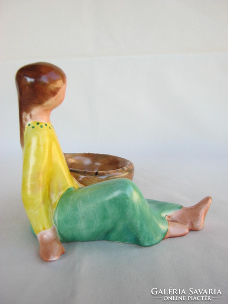 Bodrogkeresztúr retro ceramic girl with bowl
