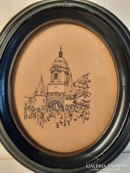 Entertainment: ink drawing in Biedermeier oval painted frame, painting