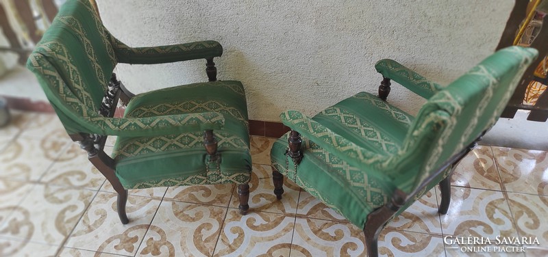 Pair of antique carved armchairs, pewter, neo renaissance style. Armchair at least 100 years old,
