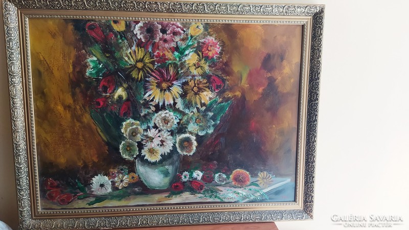 Gyönyörű nagyméretű kvalitásos virágcsendélet festmény TM. jelzéssel 94x71