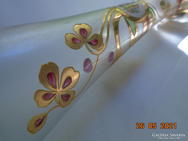 Murano marked 24k gold enamel flowers decorated spout with hinged scene. With concave soles