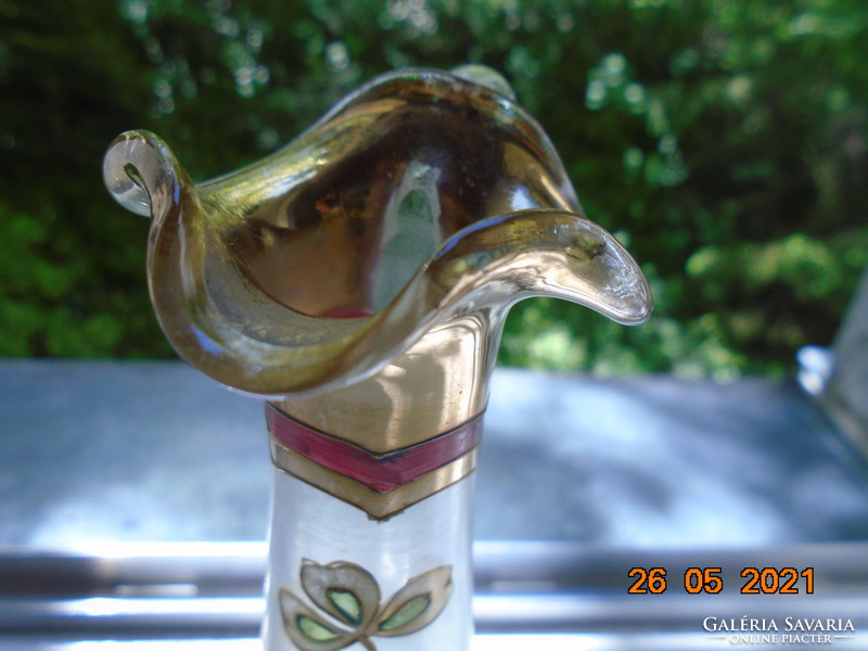 Murano marked 24k gold enamel flowers decorated spout with hinged scene. With concave soles