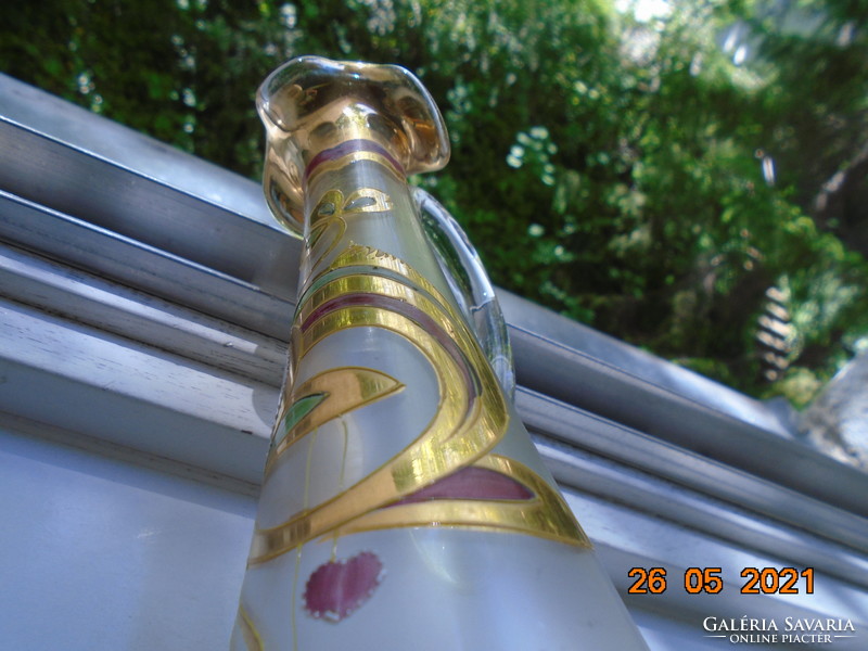 Murano marked 24k gold enamel flowers decorated spout with hinged scene. With concave soles