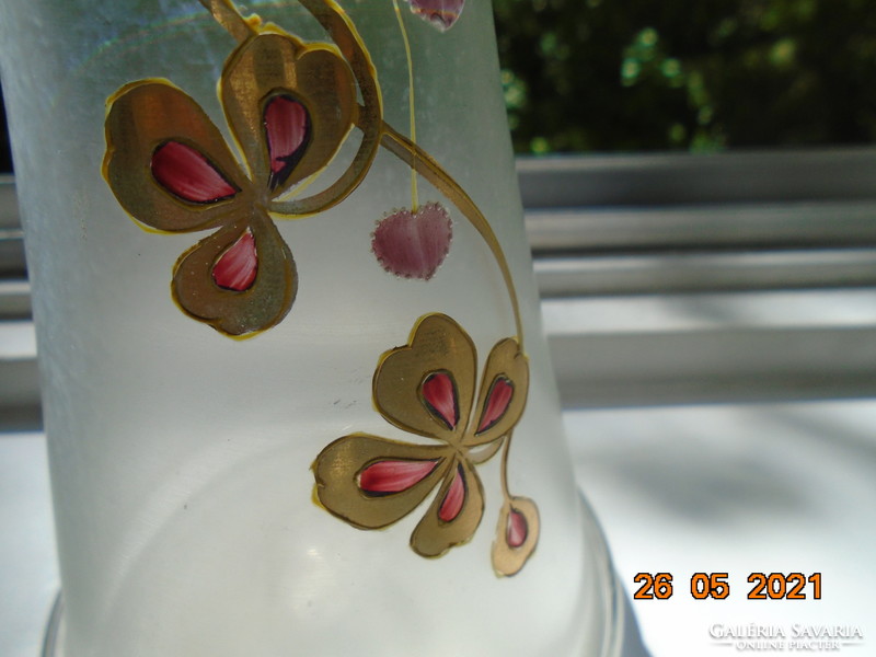 Murano marked 24k gold enamel flowers decorated spout with hinged scene. With concave soles