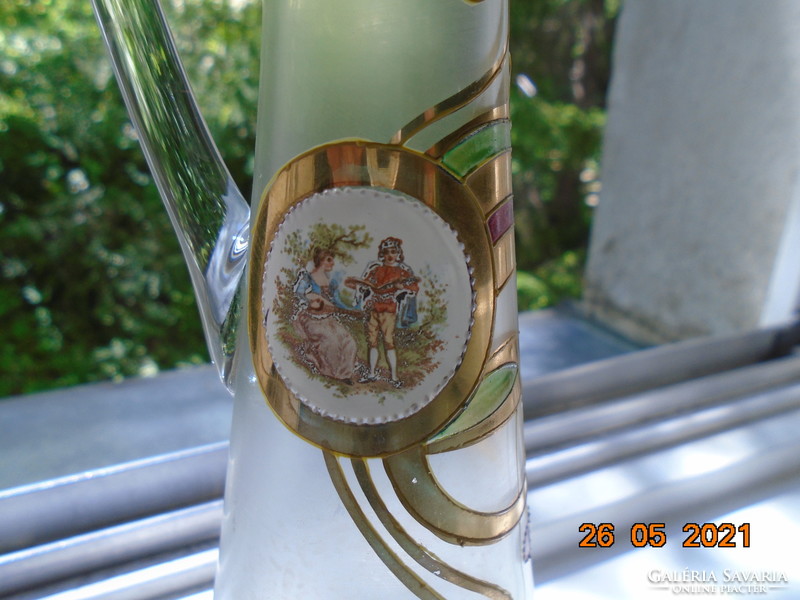 Murano marked 24k gold enamel flowers decorated spout with hinged scene. With concave soles