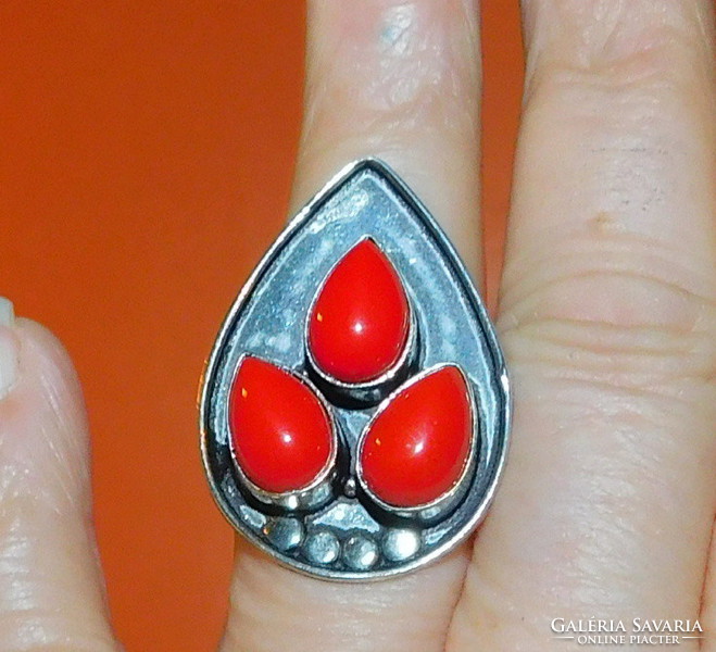 Coral red drop Tibetan silver ring number 9