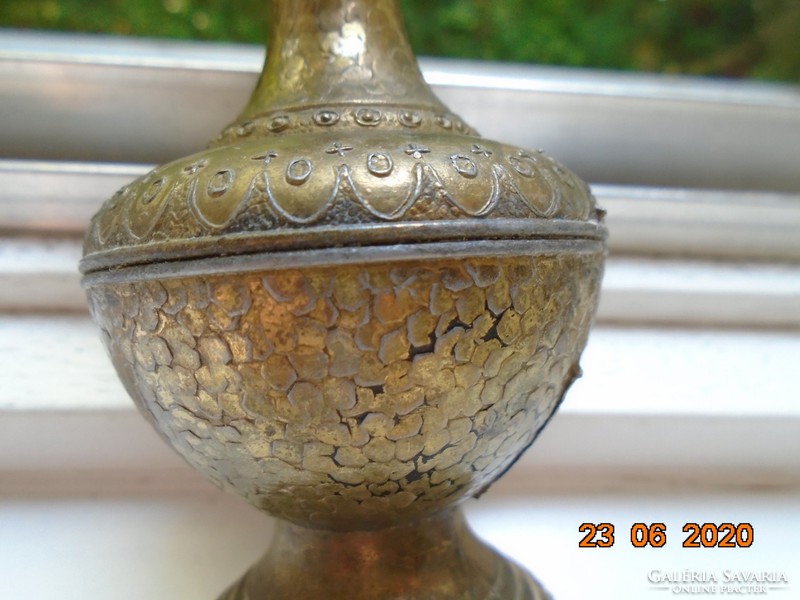 Handmade, gilded, marked copper vase with an interesting scaly and raised pattern
