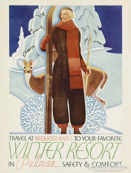 Art deco utazási reklám plakát reprint nyomat 1936 téli tájkép síléc nő síruha divat sál őz fenyő