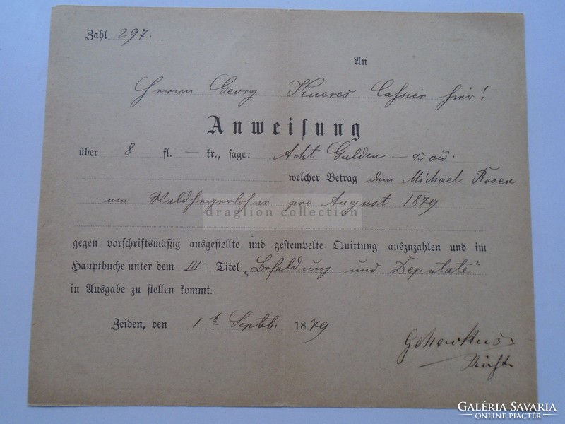 G2021.24 Anweisung -utasítás  8 florin (acht Gulden) befizetéséről  1879  Zeiden Feketehalom Codlea