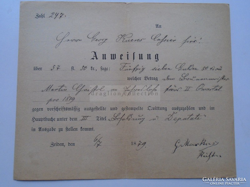 G2021.25 Anweisung -utasítás 57 florin (Gulden) befizetéséről  1879  Zeiden Feketehalom Codlea