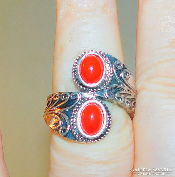 Coral red stone twisted ornate Tibetan silver ring 8