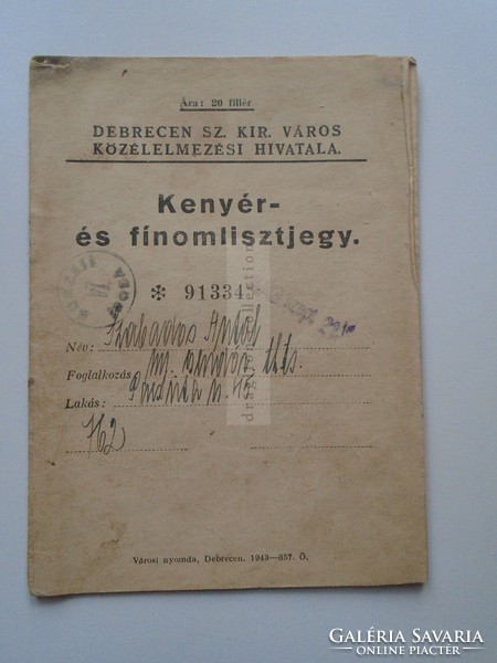 G2021.41 Debrecen sz.kir.város Közélelmezési hivatala - Kenyér és finomlisztjegy füzet 1943 II.v.h.