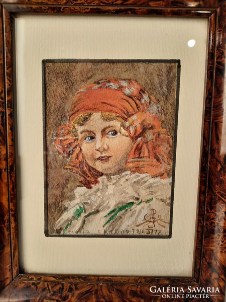Kislány portré, 1930, akvarell, grafika, festmény, keretben