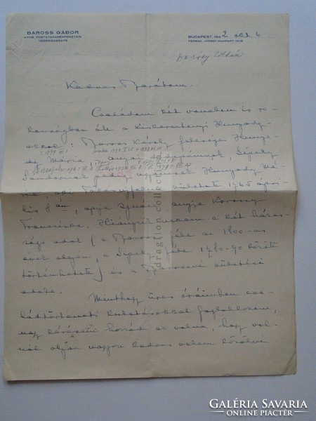 G2021.18 BAROSS GÁBOR volt postatakarékpénztári vezérigazgató kézzel írt levele 1942