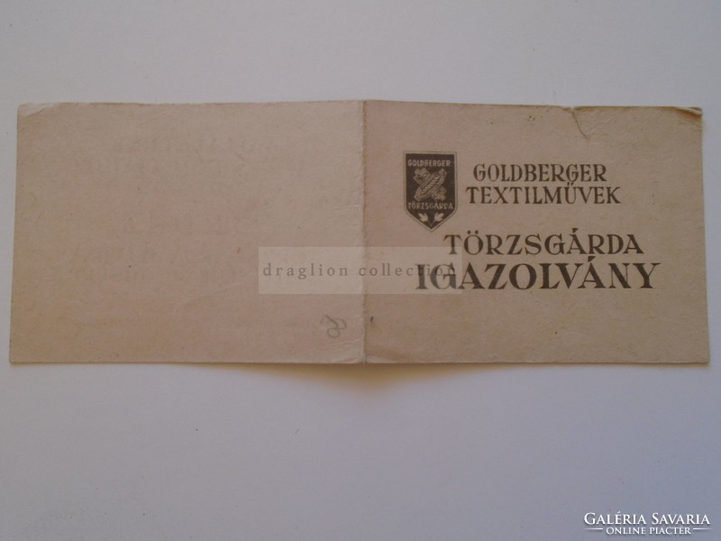 G2021.54  GOLDBERGER Textilművek -Törzsgárda Igazolvány 1957 - bronz tg jelvény viselésére jogosult