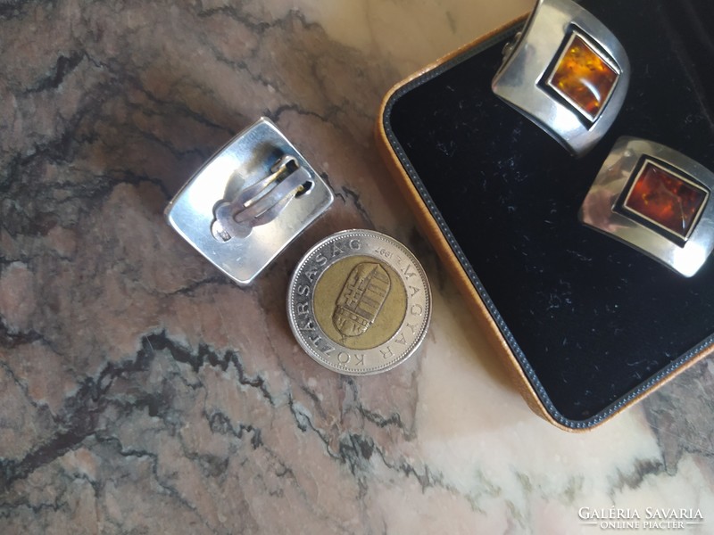 Art deco amber stone set - pendant - earrings silver - clean form - elegant