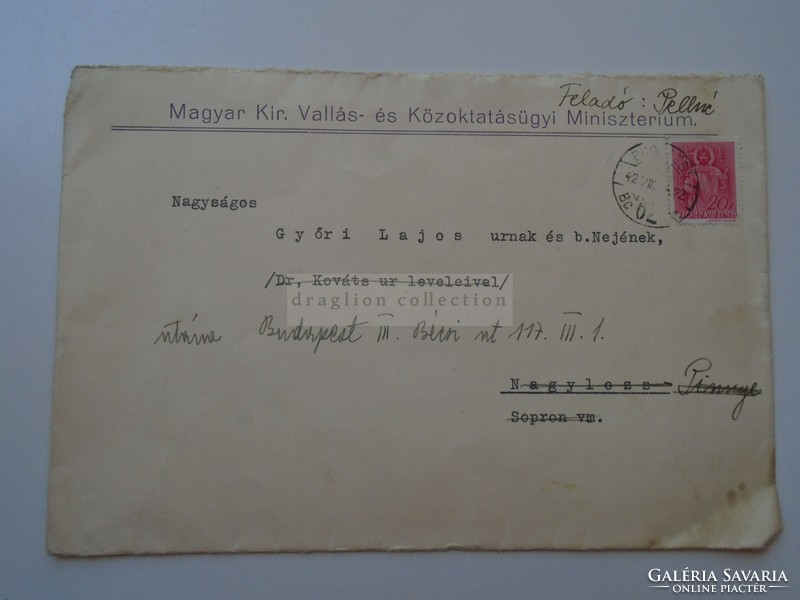 G2021.125 Régi levél  Magyar kir. Vallás és Közoktatásügyi Minisztérium - NAGYLÓZS PINNYE 1942
