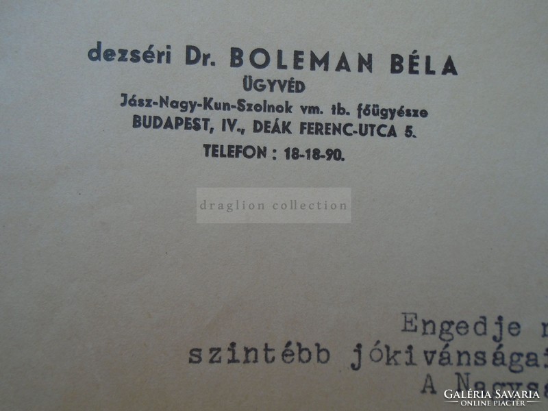 G2021.126   dezséri Dr. Boleman Béla  ügyvéd  1942  esküvői jókívánságok