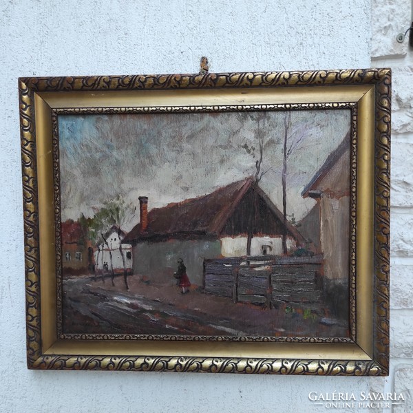Antik festmény utca részlet , Csallóközi Farkas Lőrinc, Falusi làtkàp,jó kvalitású festmény! Aukció