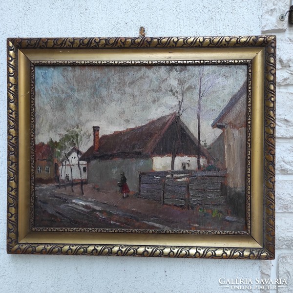 Antik festmény utca részlet , Csallóközi Farkas Lőrinc, Falusi làtkàp,jó kvalitású festmény! Aukció