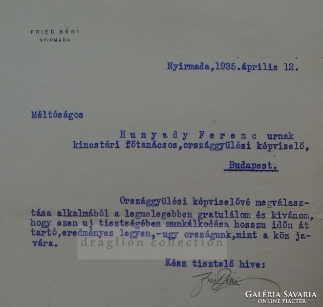 G2021.147  NYIRMADA  - Fried Benjámin (Béni) által írt levél 1935-ből. Hunyady  Ferenc orsz. képv.