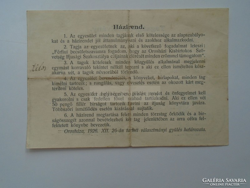 G2021.98 Tagsági Igazolvány  Kisbirtokosok Szövetsége  OROSHÁZA  1928  Süle Kálmán