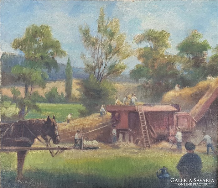 Sándor Pölöskey 1955 / harvest with threshing machine