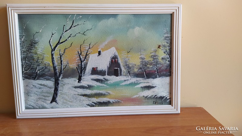 (K) Téli tájkép festmény szignózott 48x32 cm kerettel Tiborcz