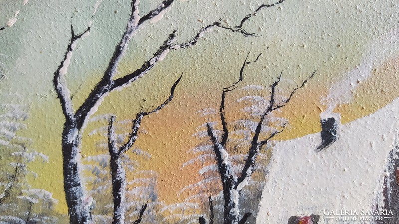 (K) Téli tájkép festmény szignózott 48x32 cm kerettel Tiborcz