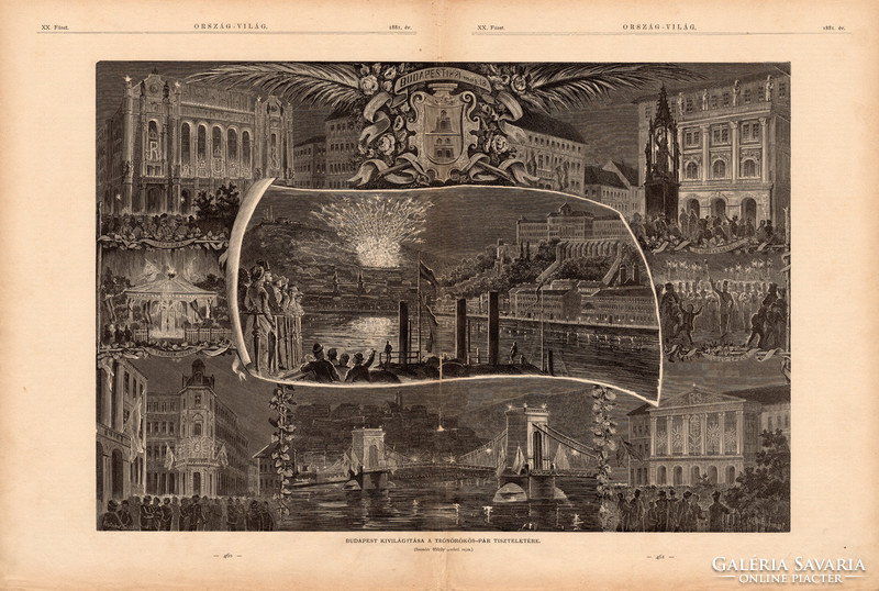 Budapest díszkivilágítása a trónörökös pár tiszteletére, fametszet 1881, nyomat, Ország Világ, újság