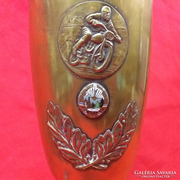 Copper, wooden Romanian Bucharest International Motorcycle Cup 1951.Sports Cup, goblet.50 Cm.