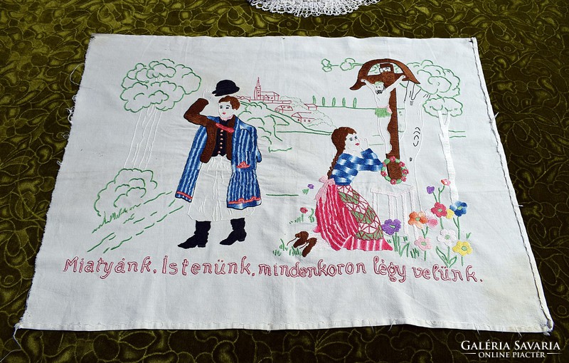 Hímzett kézimunka magyar keresztény szöveges mintás falvédő dekoráció 75 x 55 cm " Mi Atyánk ... "